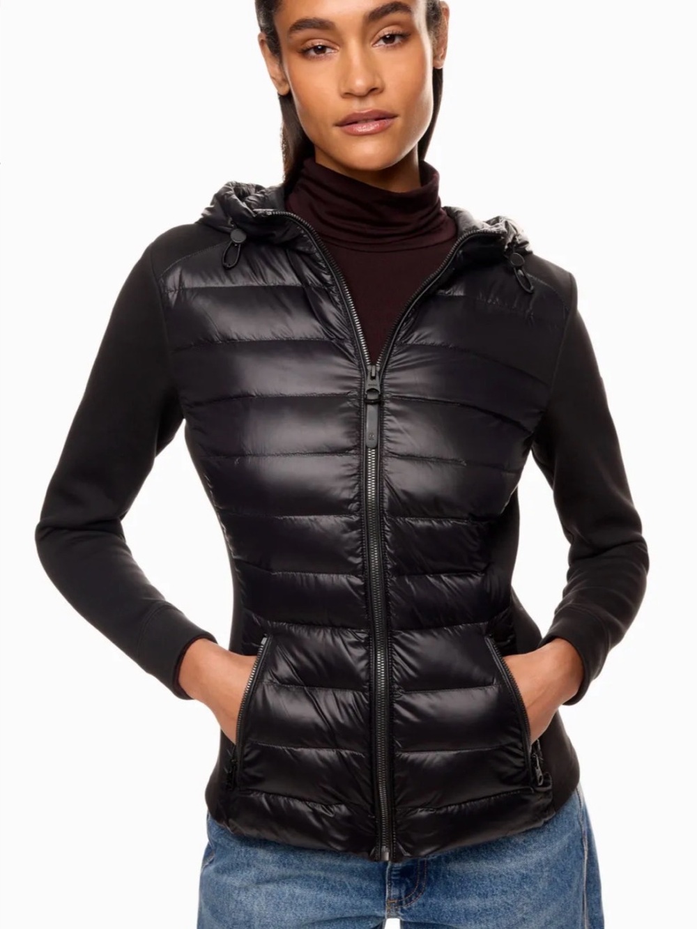 Mackage Women’s Della Hooded Mixed Media Jacket Puffer Hybrid Hooded Jacket Sz L